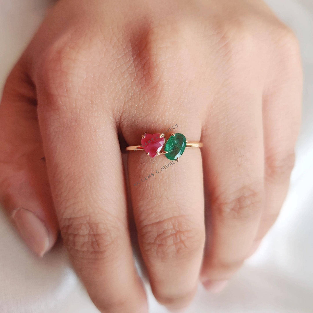 Natural Emerald & Ruby Heart Ring, 14K Solid Yellow Gold Toi et Moi Ring