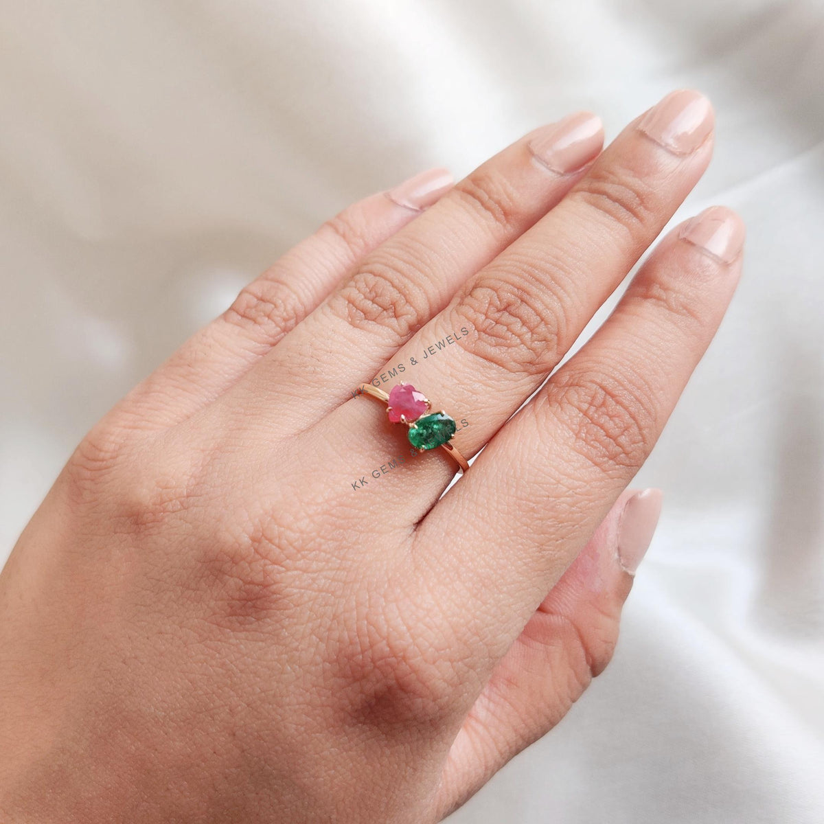 Natural Emerald & Ruby Heart Ring, 14K Solid Yellow Gold Toi et Moi Ring