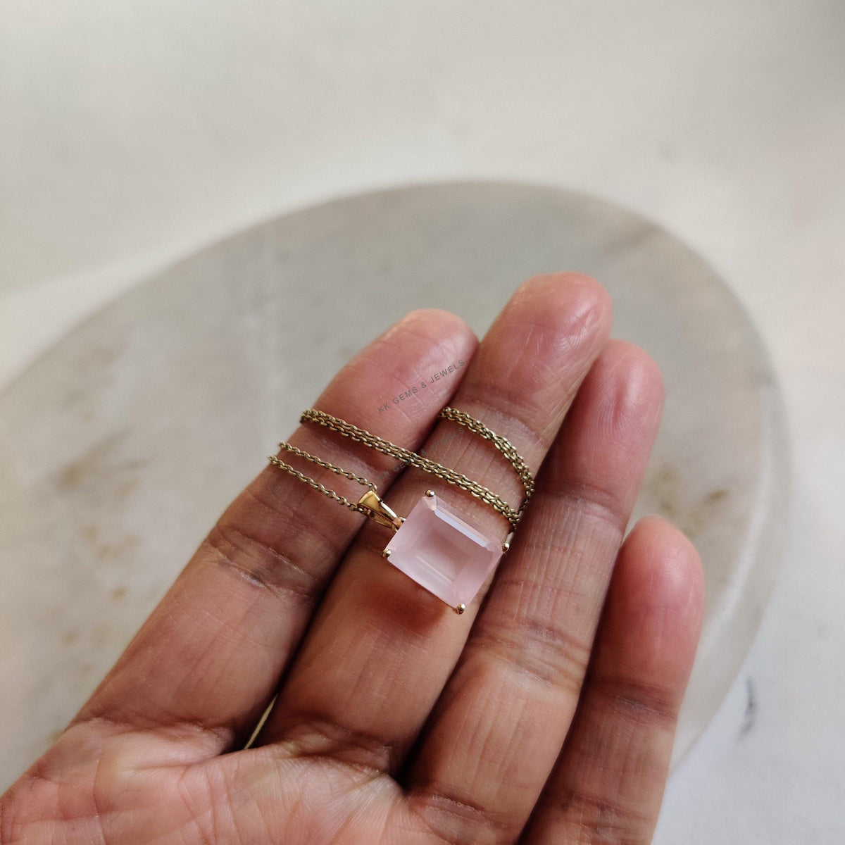 14K Solid Yellow Gold Natural Rose Quartz Pendant, Octagon Gemstone, January Birthstone