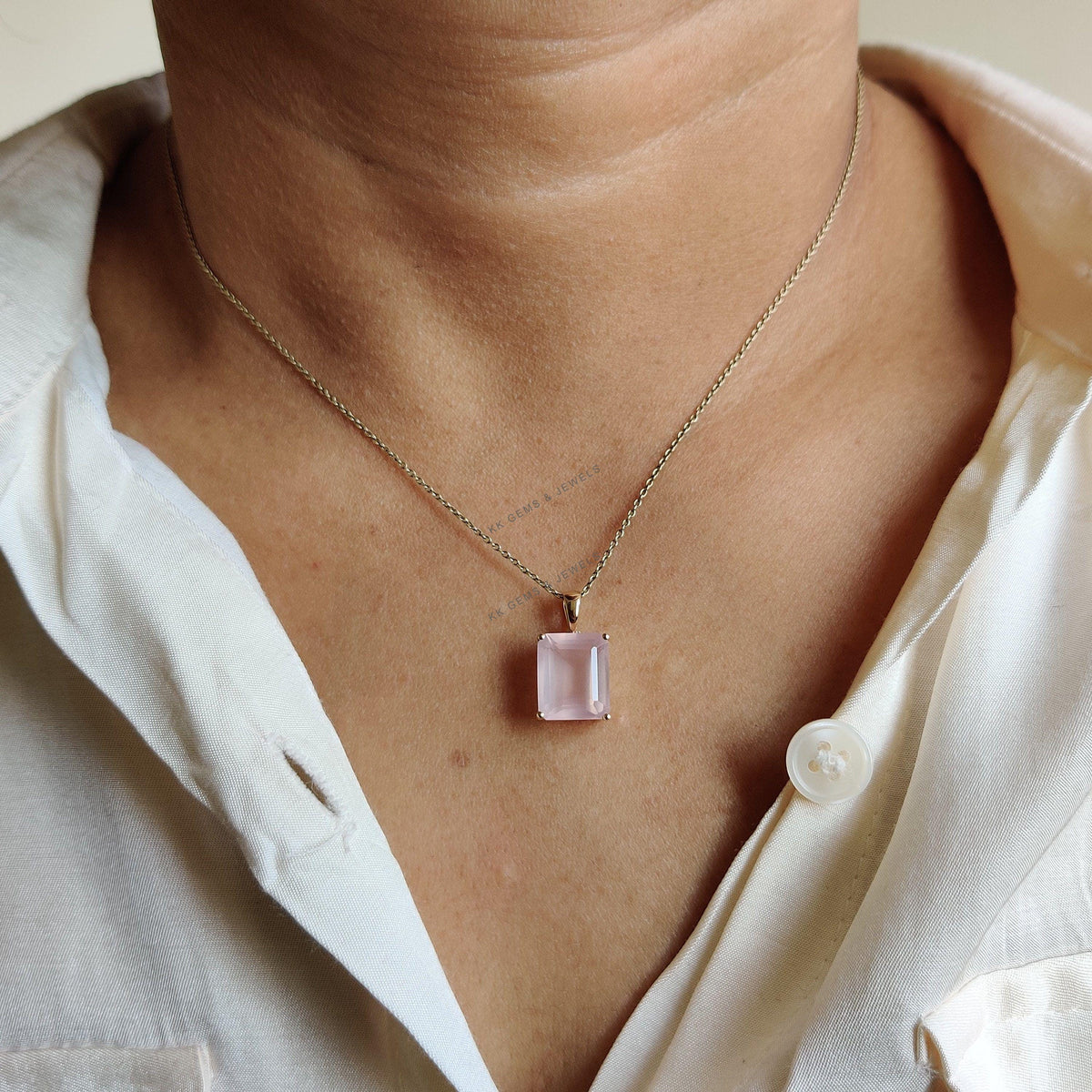 14K Solid Yellow Gold Natural Rose Quartz Pendant, Octagon Gemstone, January Birthstone