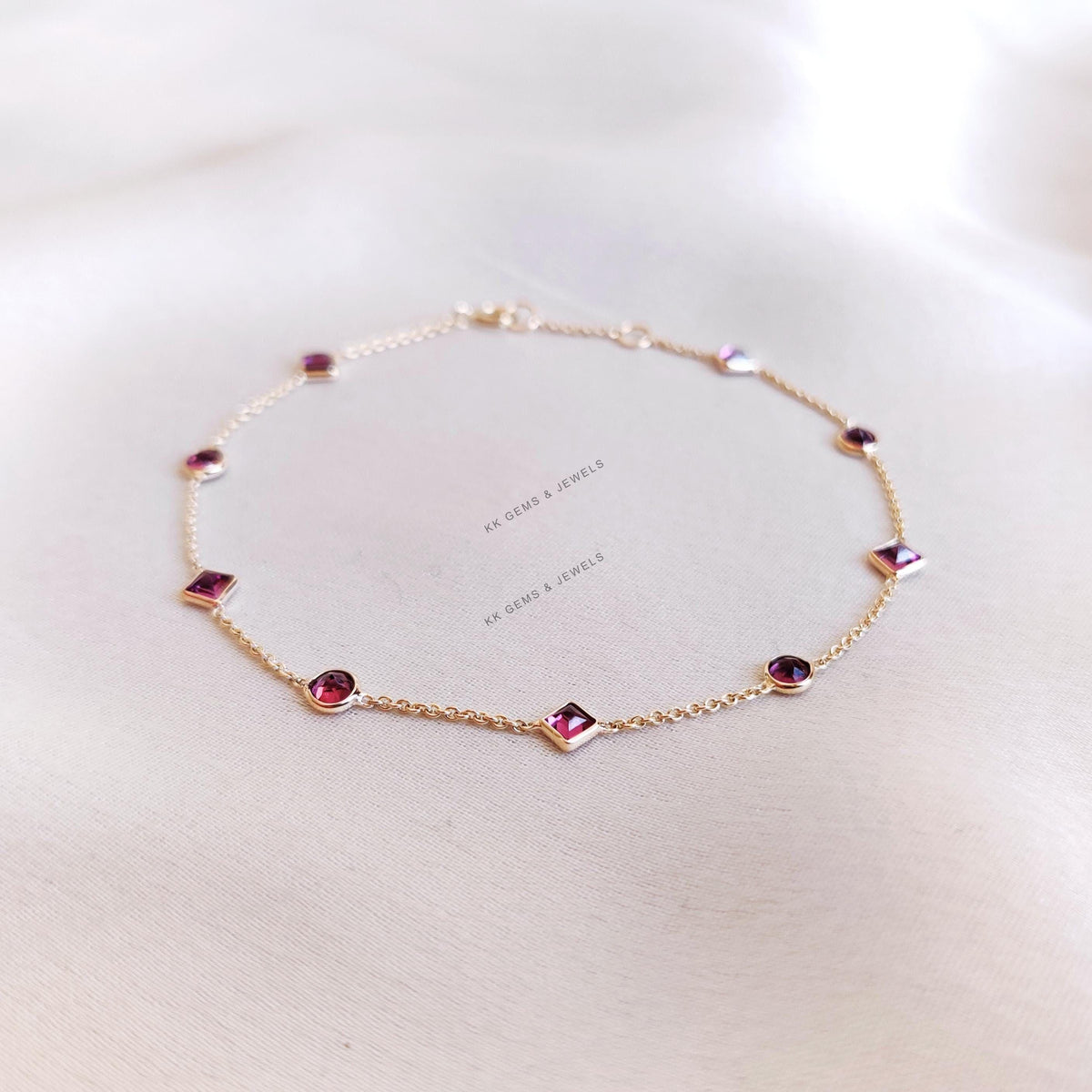 Natural Rhodolite Garnet Bracelet: 14K Solid Yellow Gold, January Birthstone