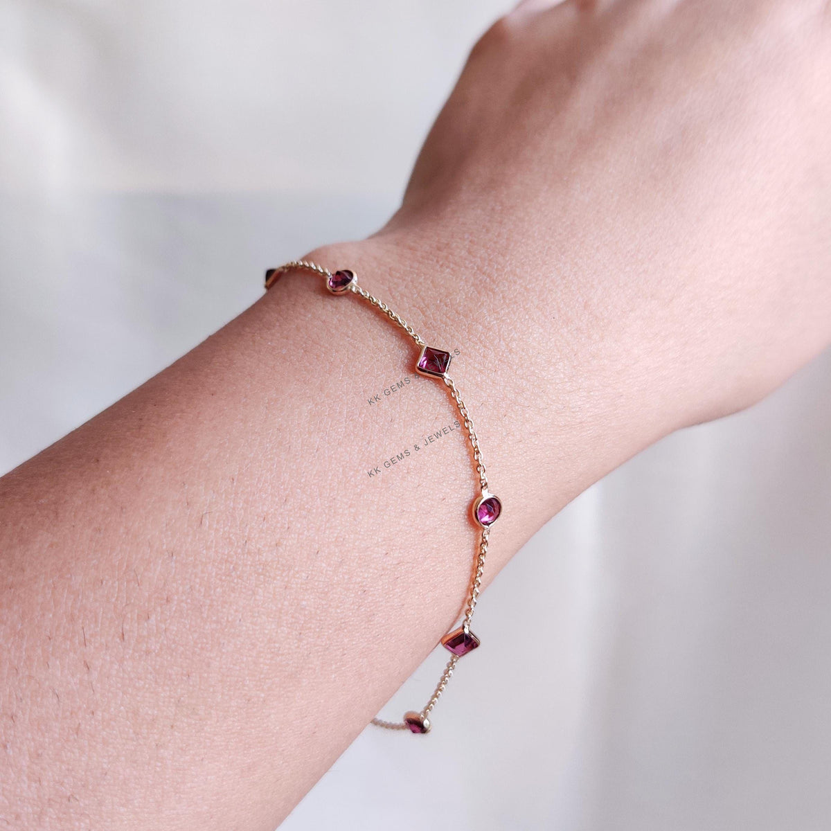 Natural Rhodolite Garnet Bracelet: 14K Solid Yellow Gold, January Birthstone