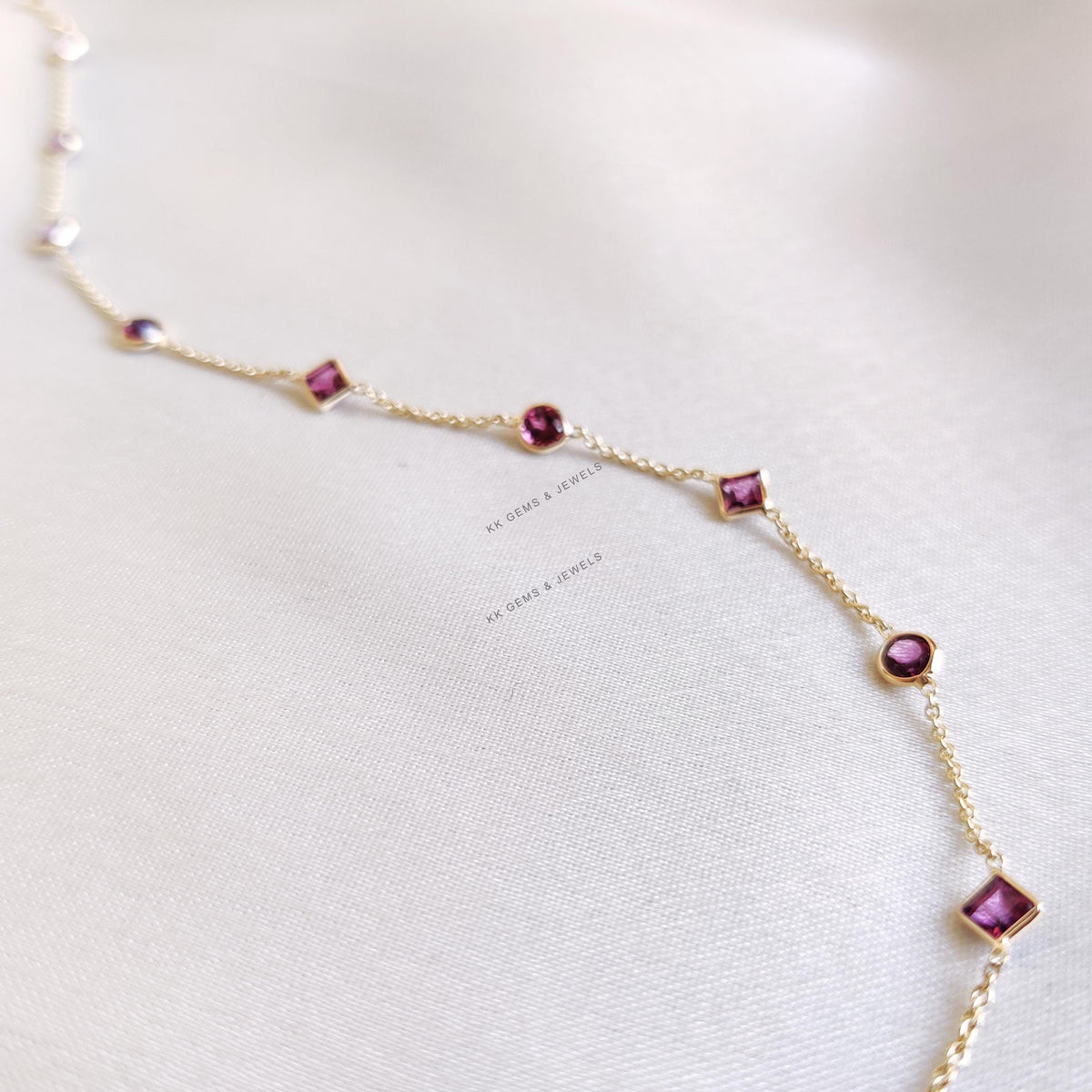 Natural Rhodolite Garnet Bracelet: 14K Solid Yellow Gold, January Birthstone