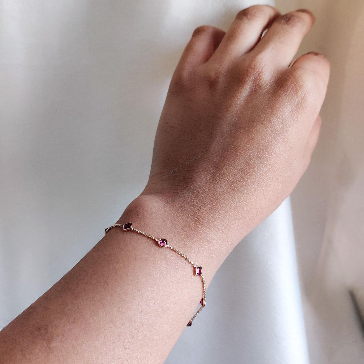 Natural Rhodolite Garnet Bracelet: 14K Solid Yellow Gold, January Birthstone