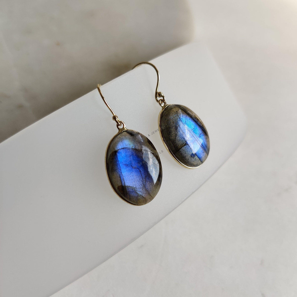 14K Solid Gold Natural Labradorite Drop Earrings, Oval Cabochon, November Birthstone