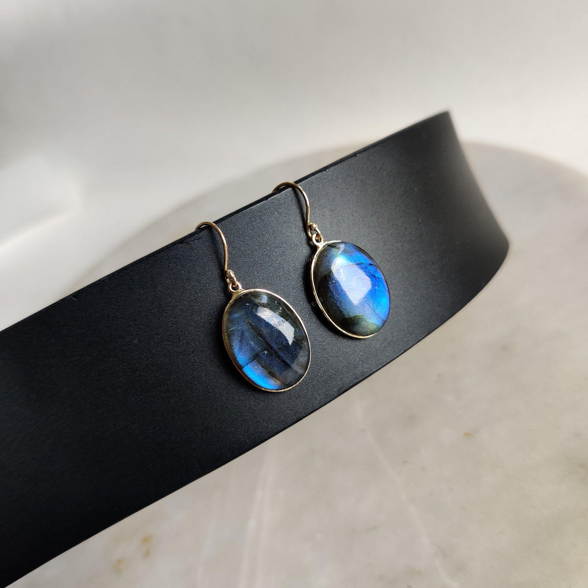 14K Solid Gold Natural Labradorite Drop Earrings, Oval Cabochon, November Birthstone