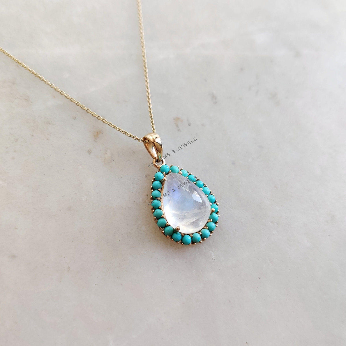 Natural Rainbow Moonstone & Turquoise Pendant, 14K Solid Gold, June December Birthstone