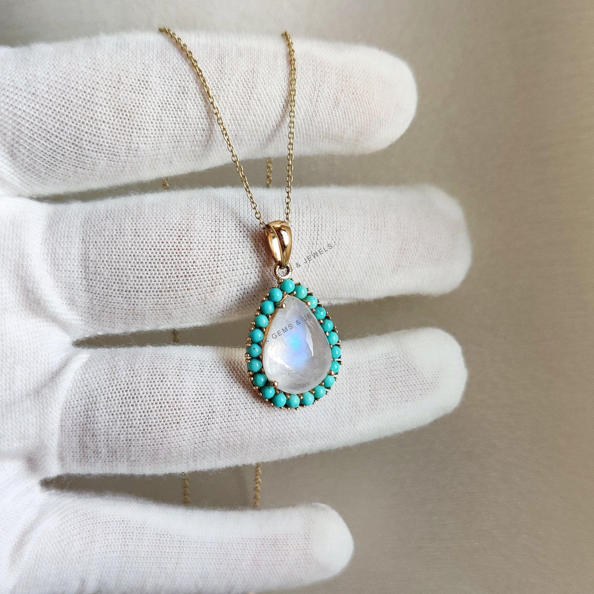 Natural Rainbow Moonstone & Turquoise Pendant, 14K Solid Gold, June December Birthstone
