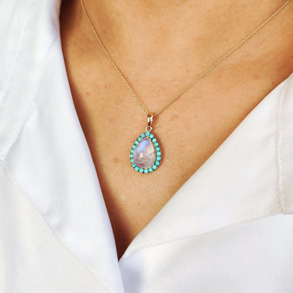 Natural Rainbow Moonstone & Turquoise Pendant, 14K Solid Gold, June December Birthstone