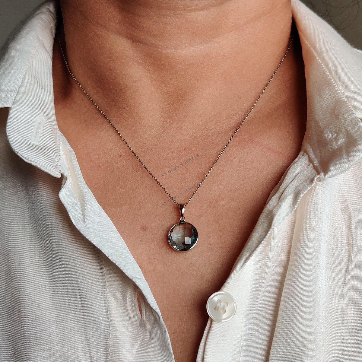 Natural Sky Blue Topaz Pendant, 14K Solid Yellow Gold Bezel Pendant, December Birthstone