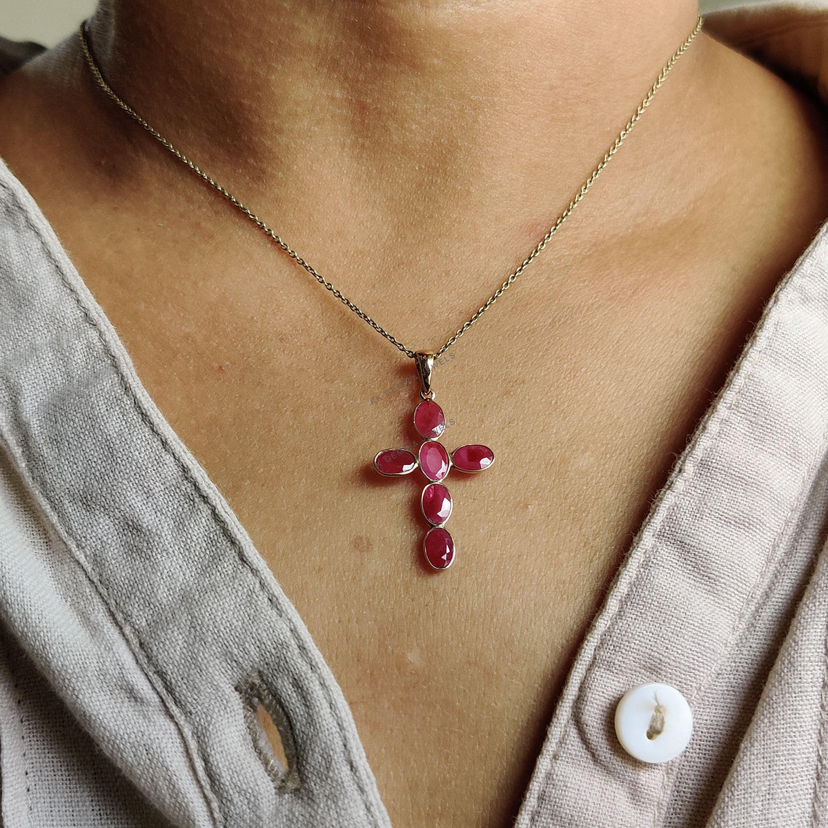 14K Solid Yellow Gold Natural Ruby Cross Pendant, July Birthstone