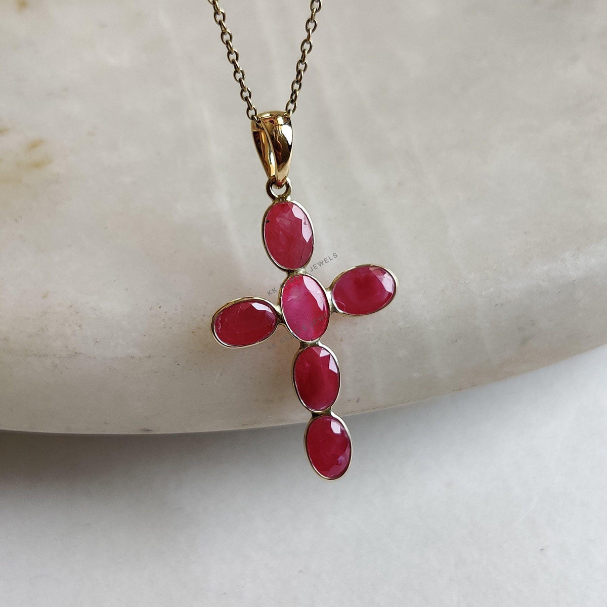 14K Solid Yellow Gold Natural Ruby Cross Pendant, July Birthstone