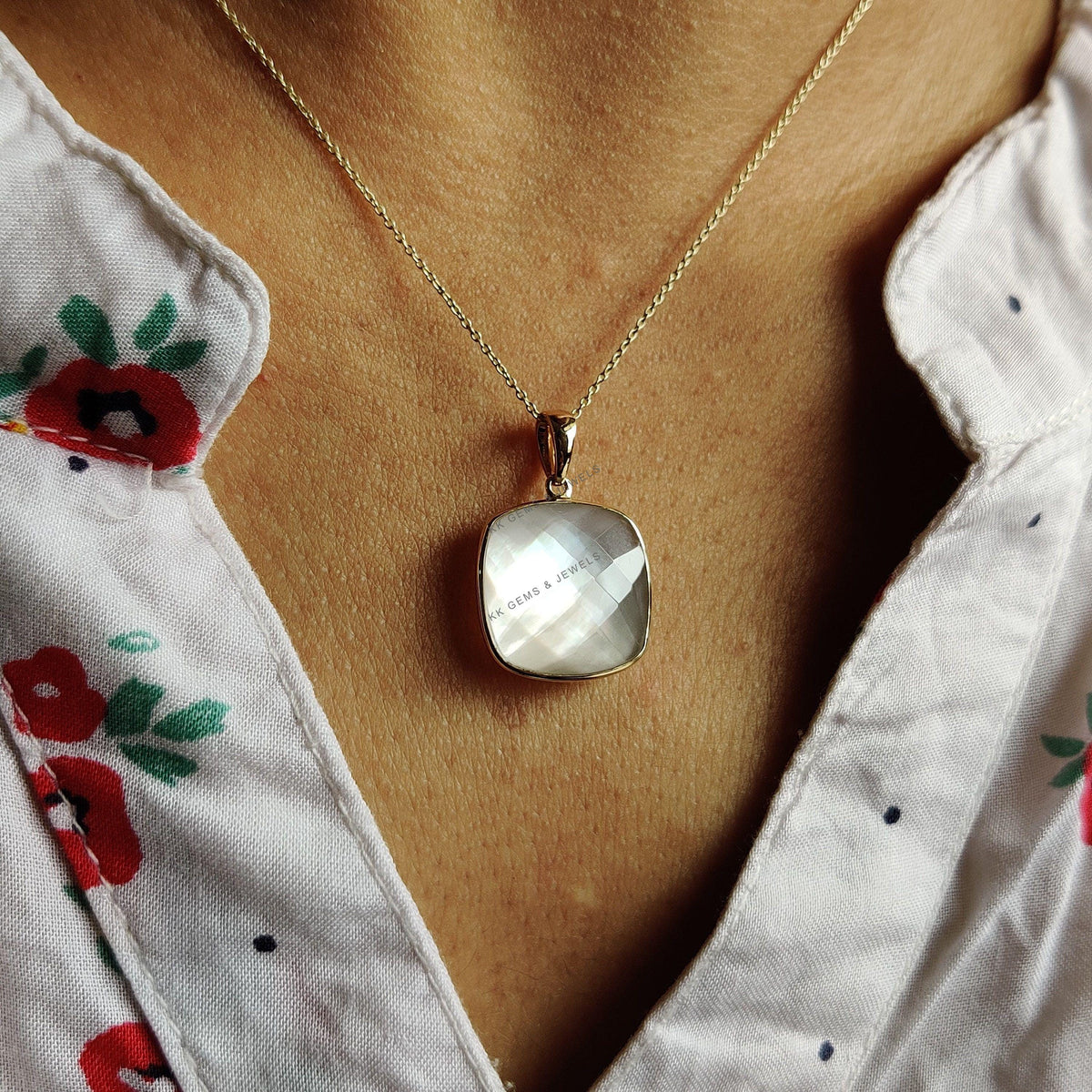 14K Solid Yellow Gold Natural Mother of Pearl Doublet Pendant, Square Cushion Briolette Bezel