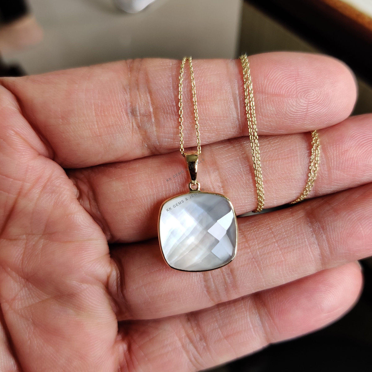 14K Solid Yellow Gold Natural Mother of Pearl Doublet Pendant, Square Cushion Briolette Bezel