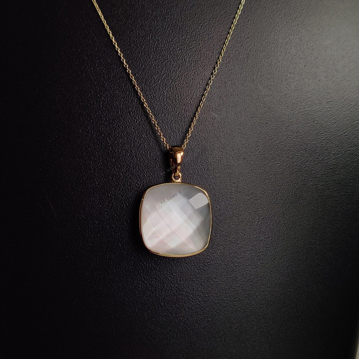 14K Solid Yellow Gold Natural Mother of Pearl Doublet Pendant, Square Cushion Briolette Bezel
