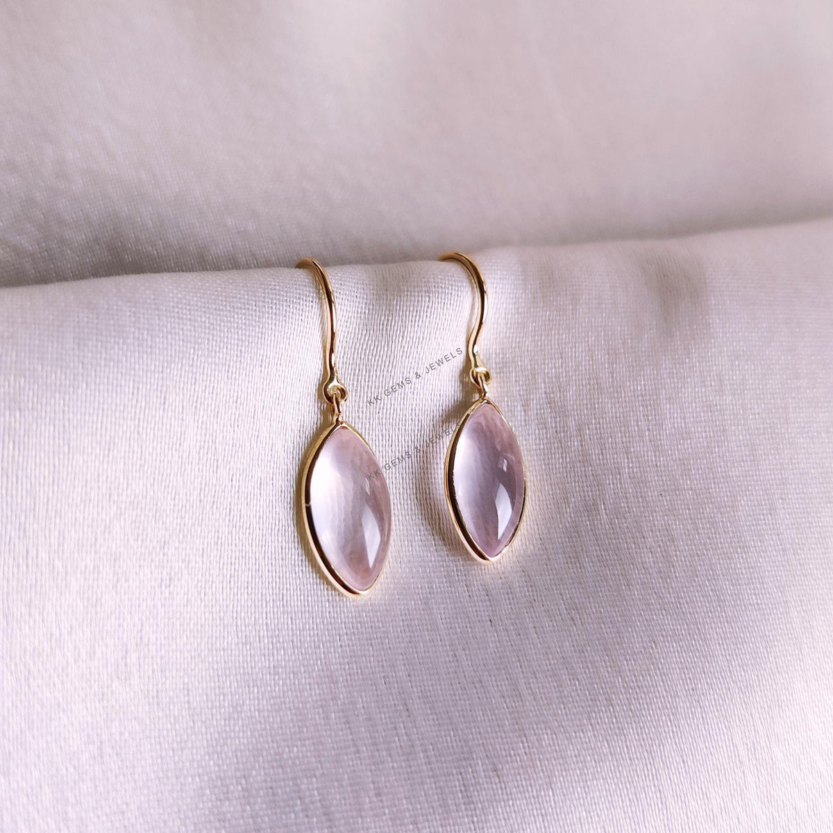 14K Solid Yellow Gold Natural Rose Quartz Marquise Earrings, January Birthstone, Christmas Present