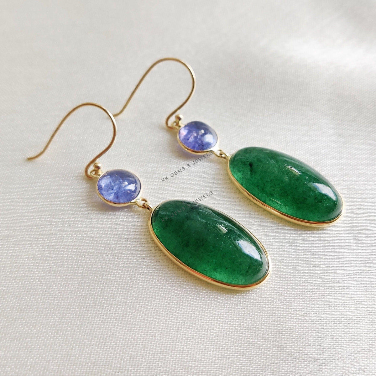 Natural Green Aventurine & Tanzanite 14K Solid Yellow Gold Earrings, December Birthstone