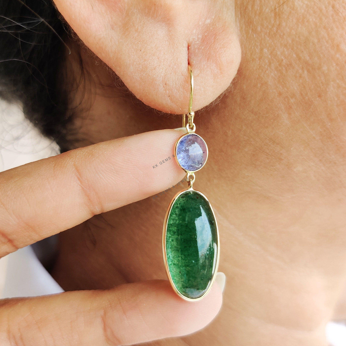 Natural Green Aventurine & Tanzanite 14K Solid Yellow Gold Earrings, December Birthstone