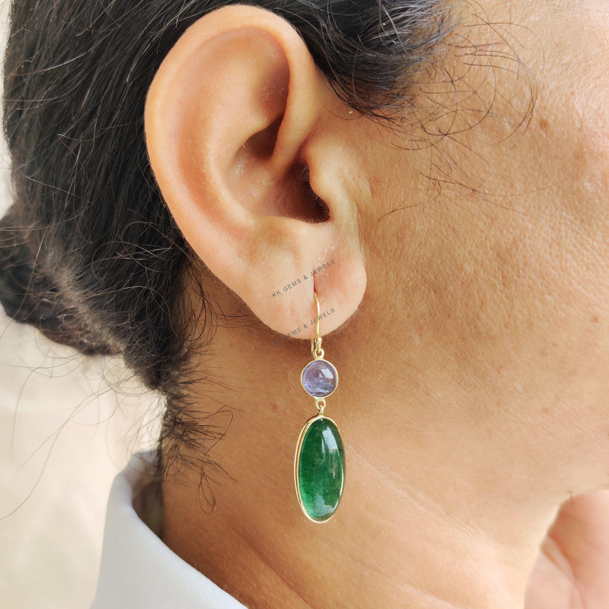 Natural Green Aventurine & Tanzanite 14K Solid Yellow Gold Earrings, December Birthstone