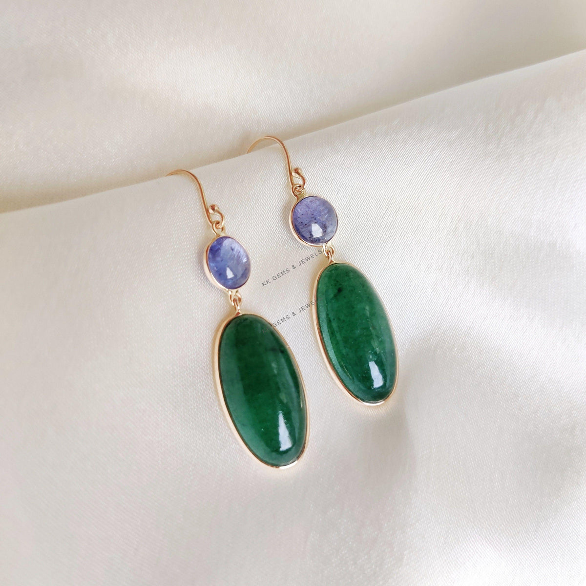 Natural Green Aventurine & Tanzanite 14K Solid Yellow Gold Earrings, December Birthstone