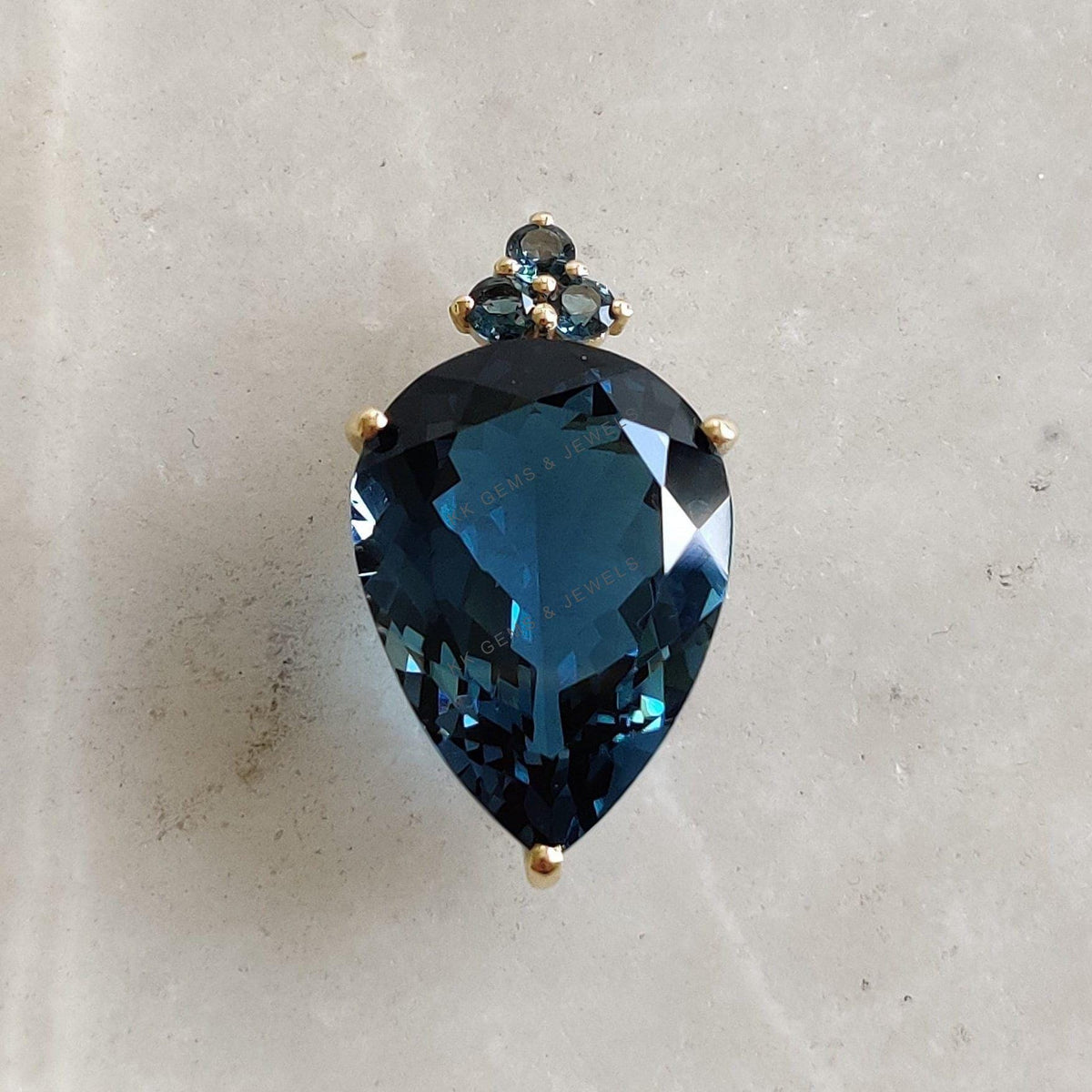 14K Solid Gold Natural London Blue Topaz Pear Pendant, December Birthstone