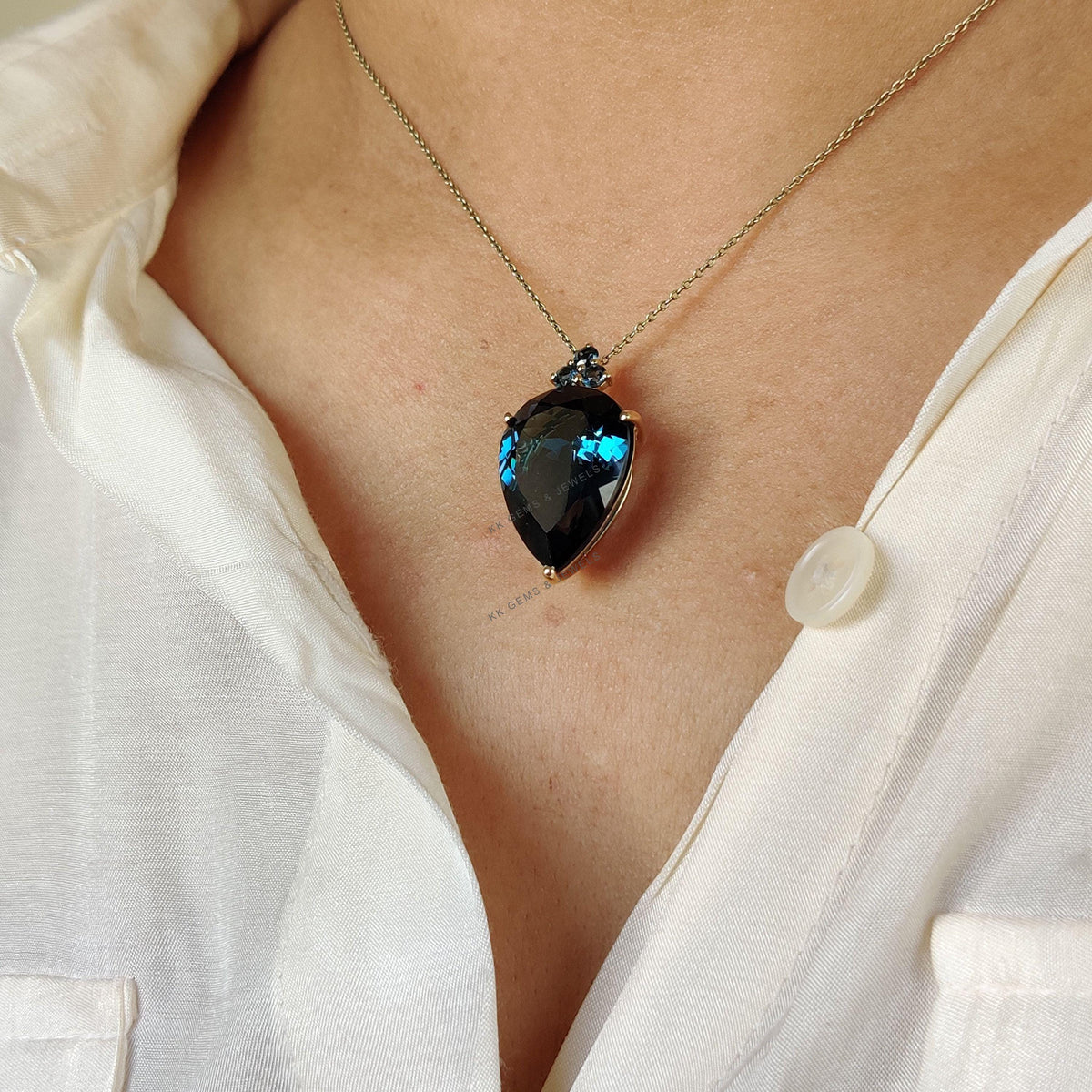 14K Solid Gold Natural London Blue Topaz Pear Pendant, December Birthstone