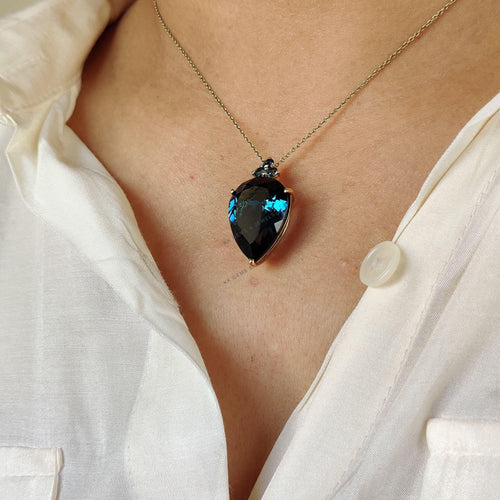 14K Solid Gold Natural London Blue Topaz Pear Pendant, December Birthstone