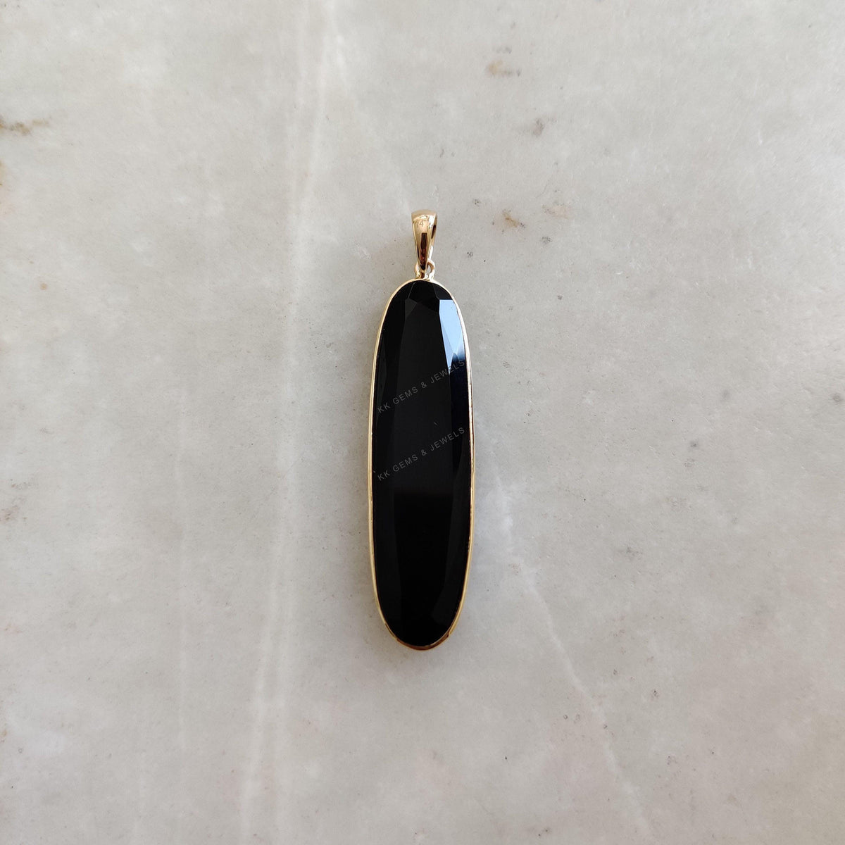 Oblong Natural Black Onyx Pendant, 14K Solid Yellow Gold Bezel Pendant, Christmas Gift