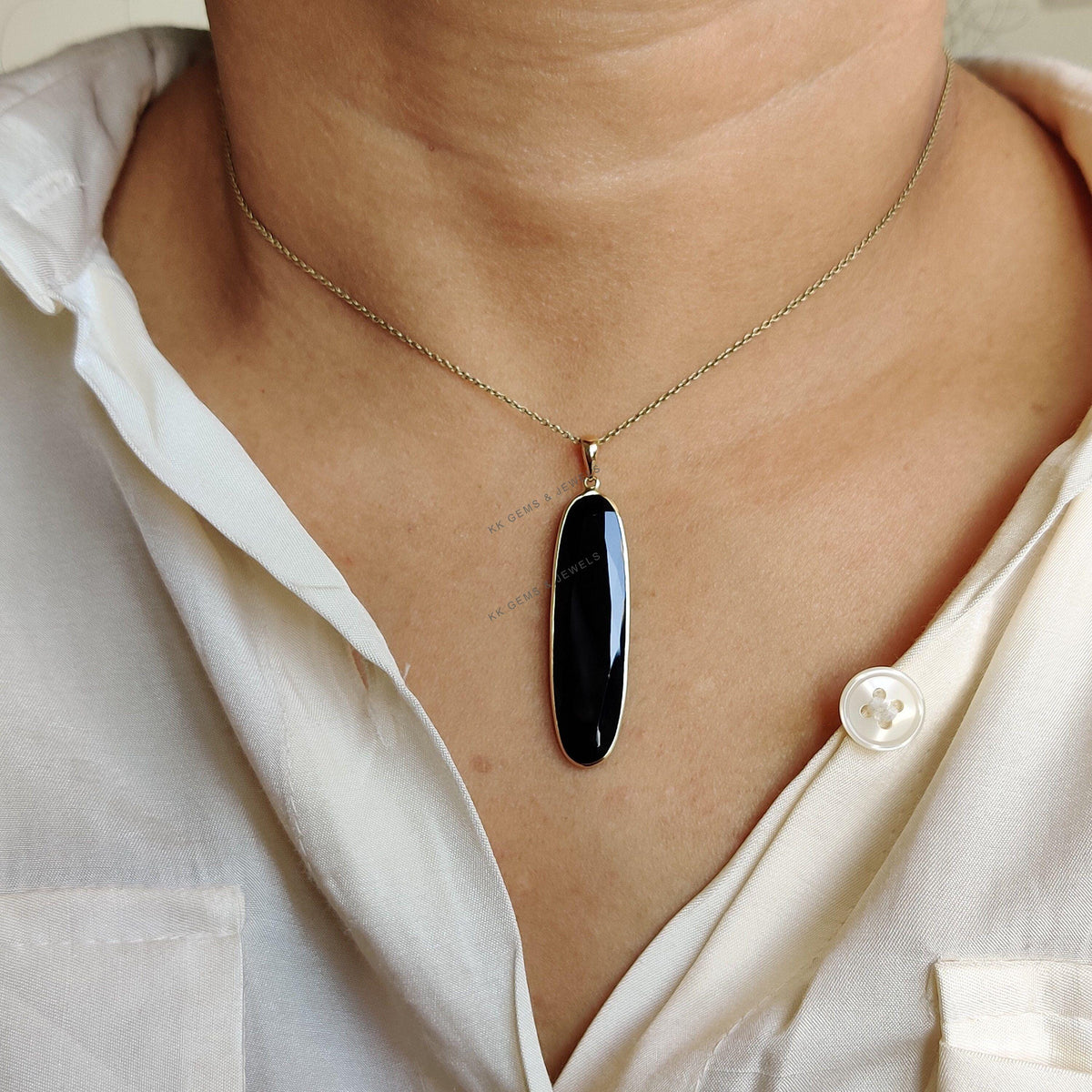 Oblong Natural Black Onyx Pendant, 14K Solid Yellow Gold Bezel Pendant, Christmas Gift