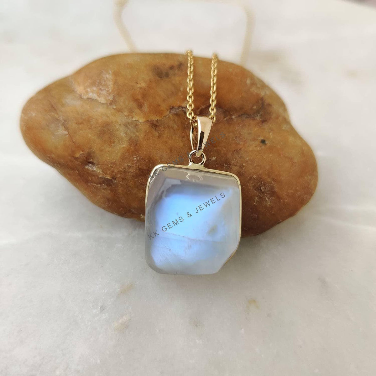 Natural Rainbow Moonstone Pendant: 14K Solid Yellow Gold Bezel, June Birthstone