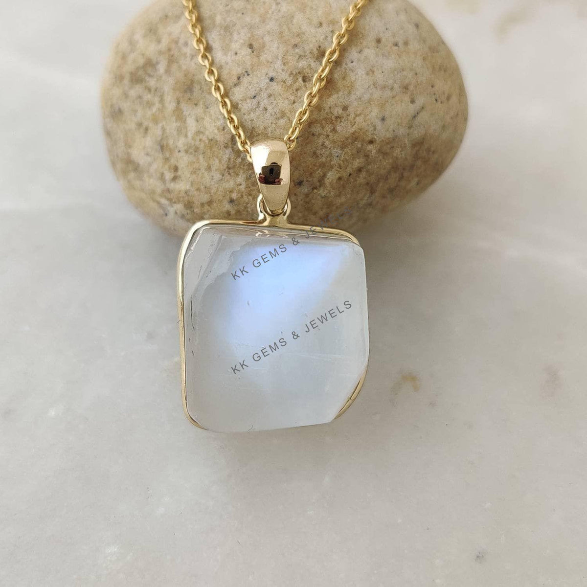Natural Rainbow Moonstone Pendant: 14K Solid Yellow Gold Bezel, June Birthstone