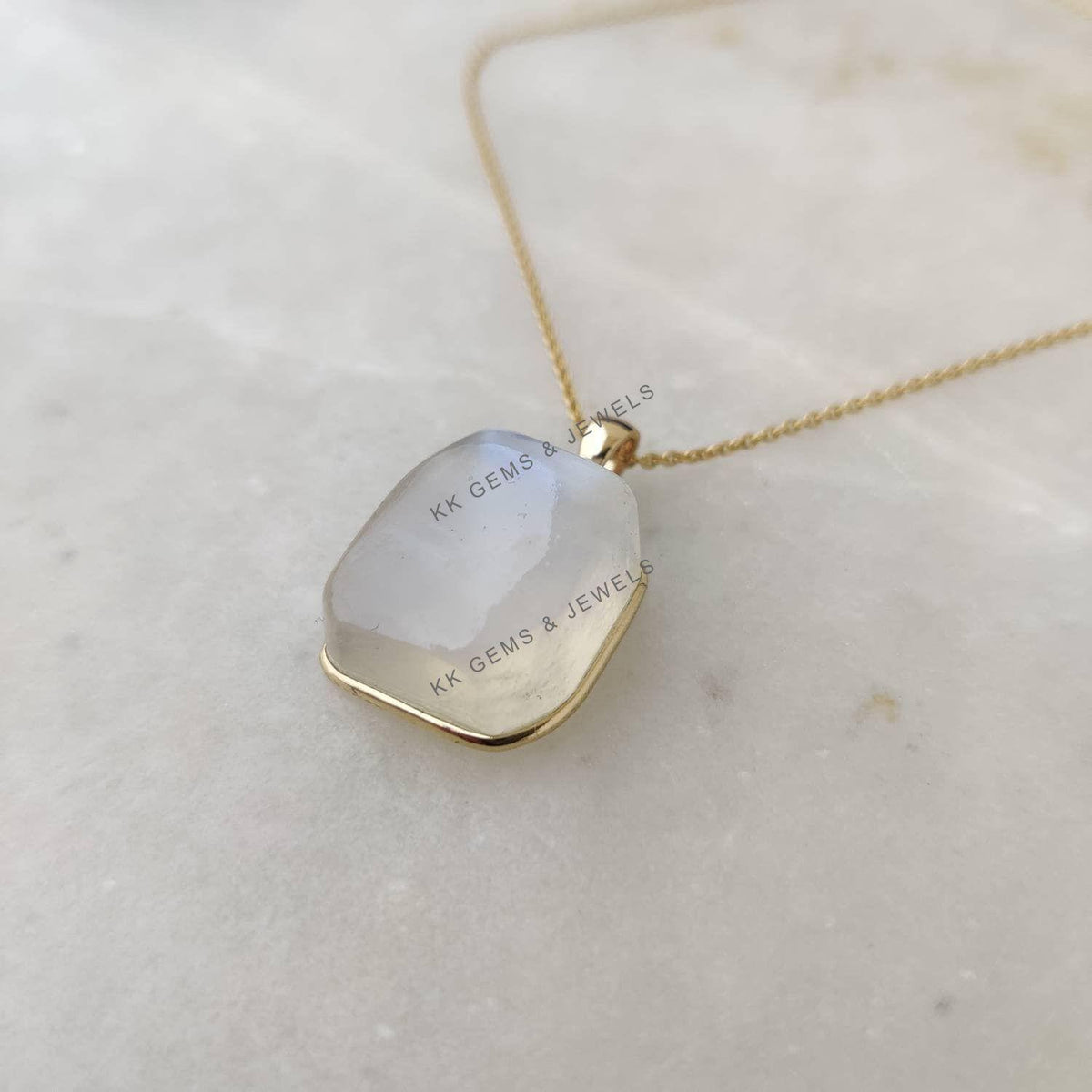 Natural Rainbow Moonstone Pendant: 14K Solid Yellow Gold Bezel, June Birthstone