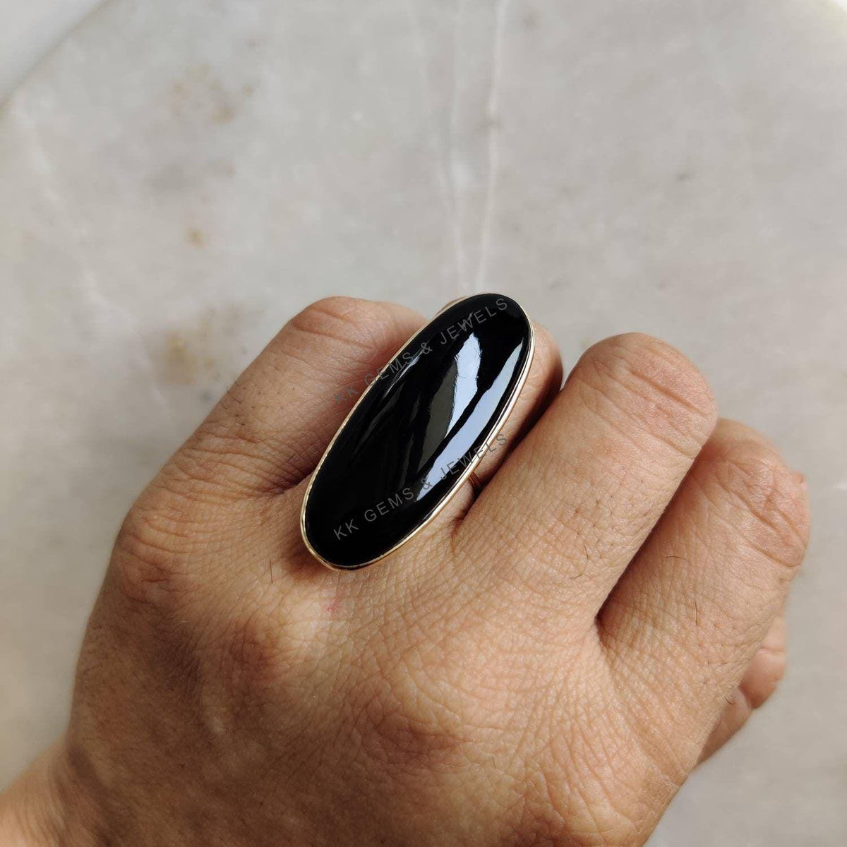 Oblong Natural Black Onyx Ring: 14K Solid Yellow Gold Bezel Ring