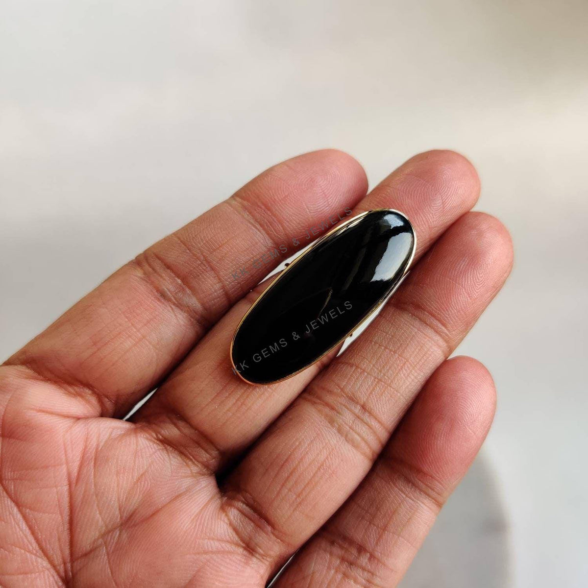Oblong Natural Black Onyx Ring: 14K Solid Yellow Gold Bezel Ring