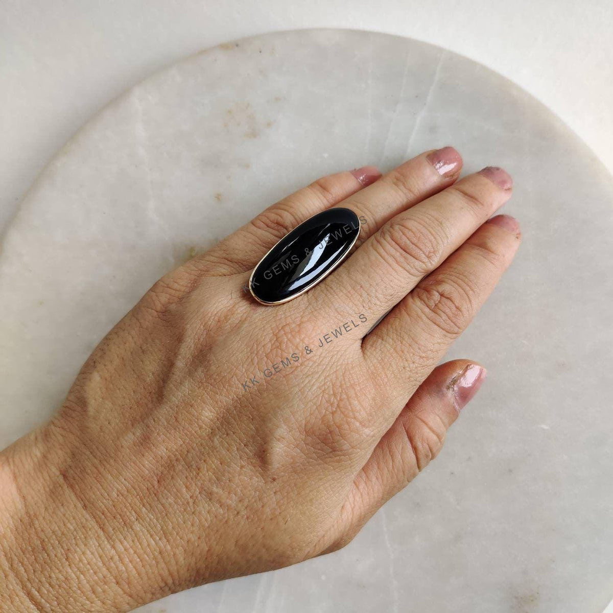 Oblong Natural Black Onyx Ring: 14K Solid Yellow Gold Bezel Ring