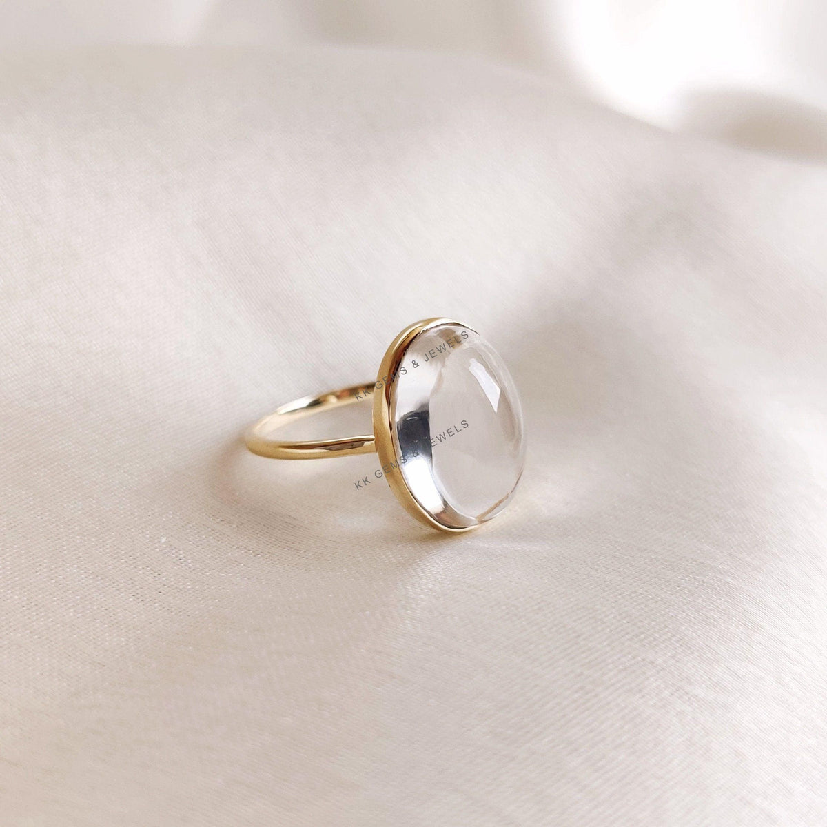 14K Solid Gold Natural Clear Quartz Ring, Oval Cabochon, April Birthstone