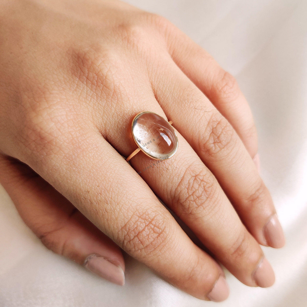14K Solid Gold Natural Clear Quartz Ring, Oval Cabochon, April Birthstone