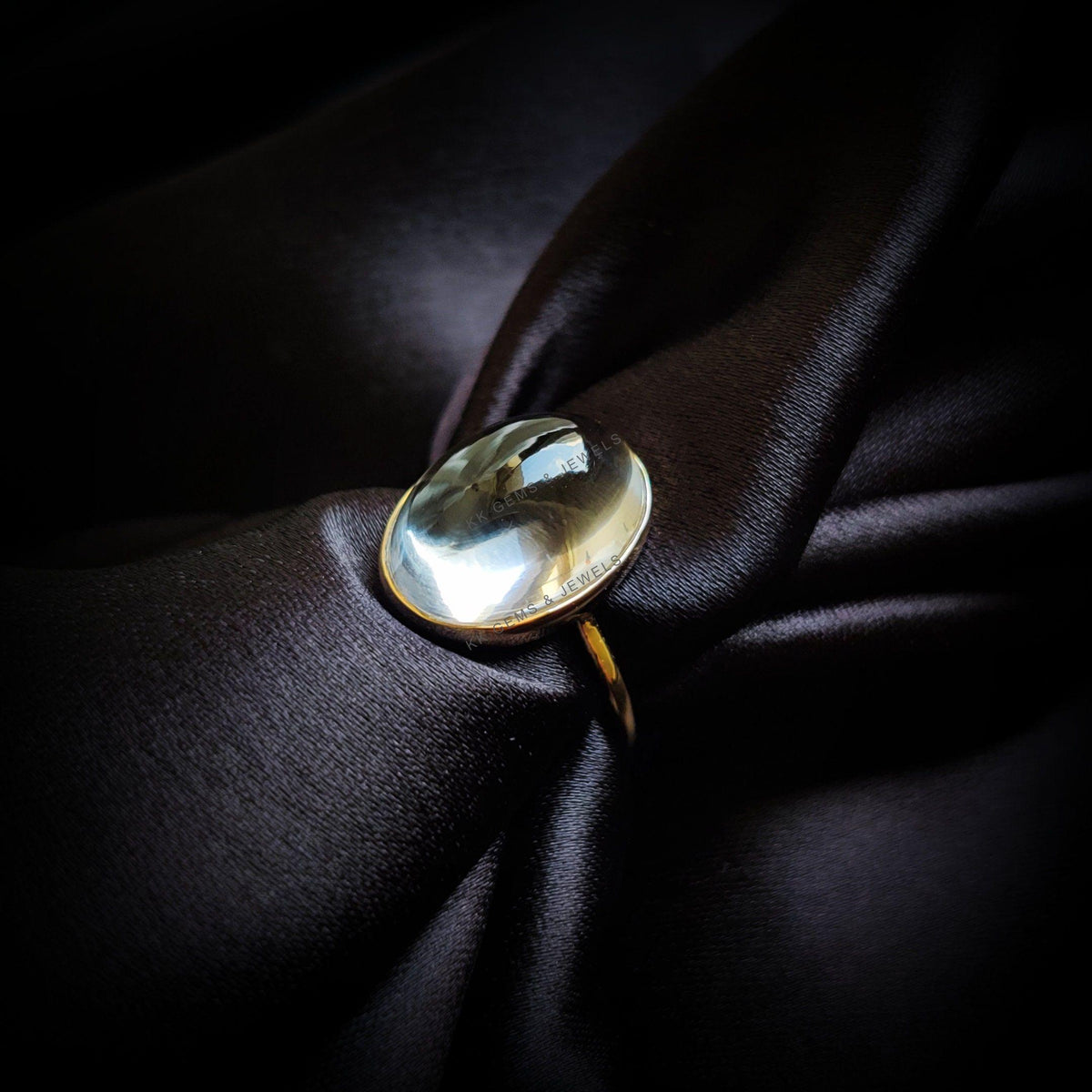 14K Solid Gold Natural Clear Quartz Ring, Oval Cabochon, April Birthstone