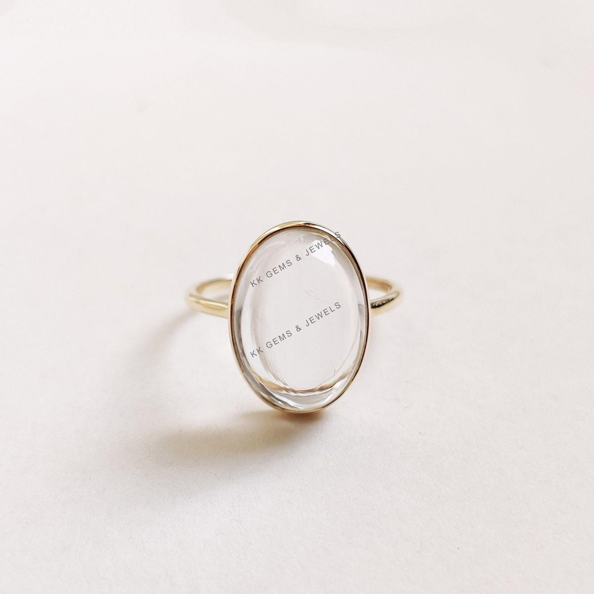 14K Solid Gold Natural Clear Quartz Ring, Oval Cabochon, April Birthstone