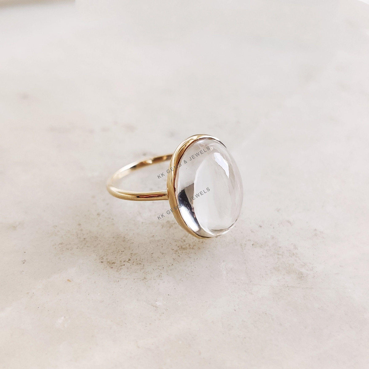 14K Solid Gold Natural Clear Quartz Ring, Oval Cabochon, April Birthstone