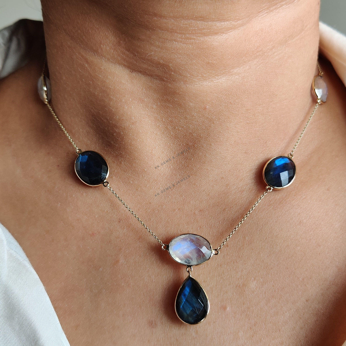 14K Solid Gold Natural Rainbow Moonstone & Labradorite Necklace: June August Birthstone