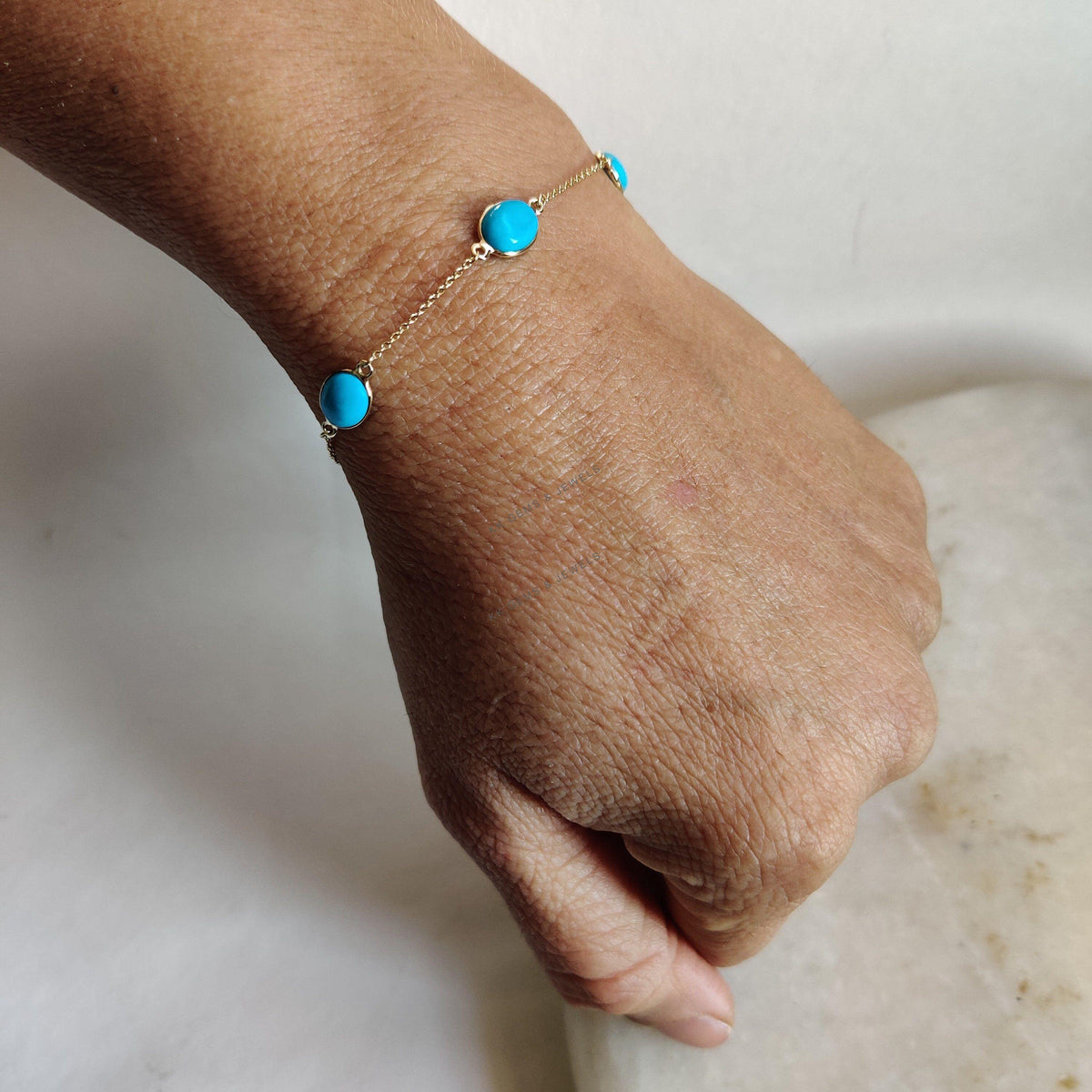 Natural Sleeping Beauty Turquoise Bracelet, 14K Solid Yellow Gold Bezel Set Bracelet