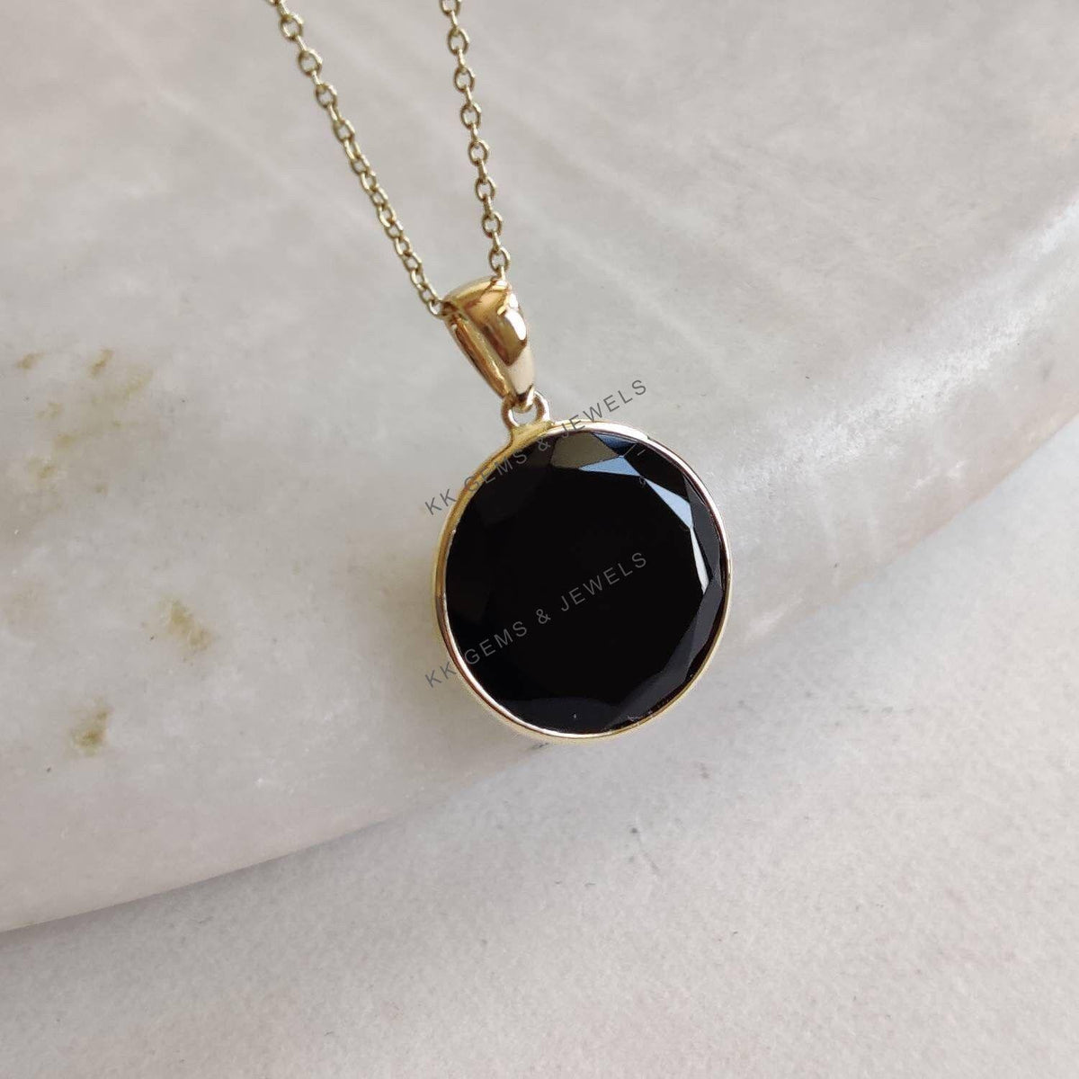 14K Solid Yellow Gold Natural Black Onyx Pendant, December Birthstone, Christmas Present