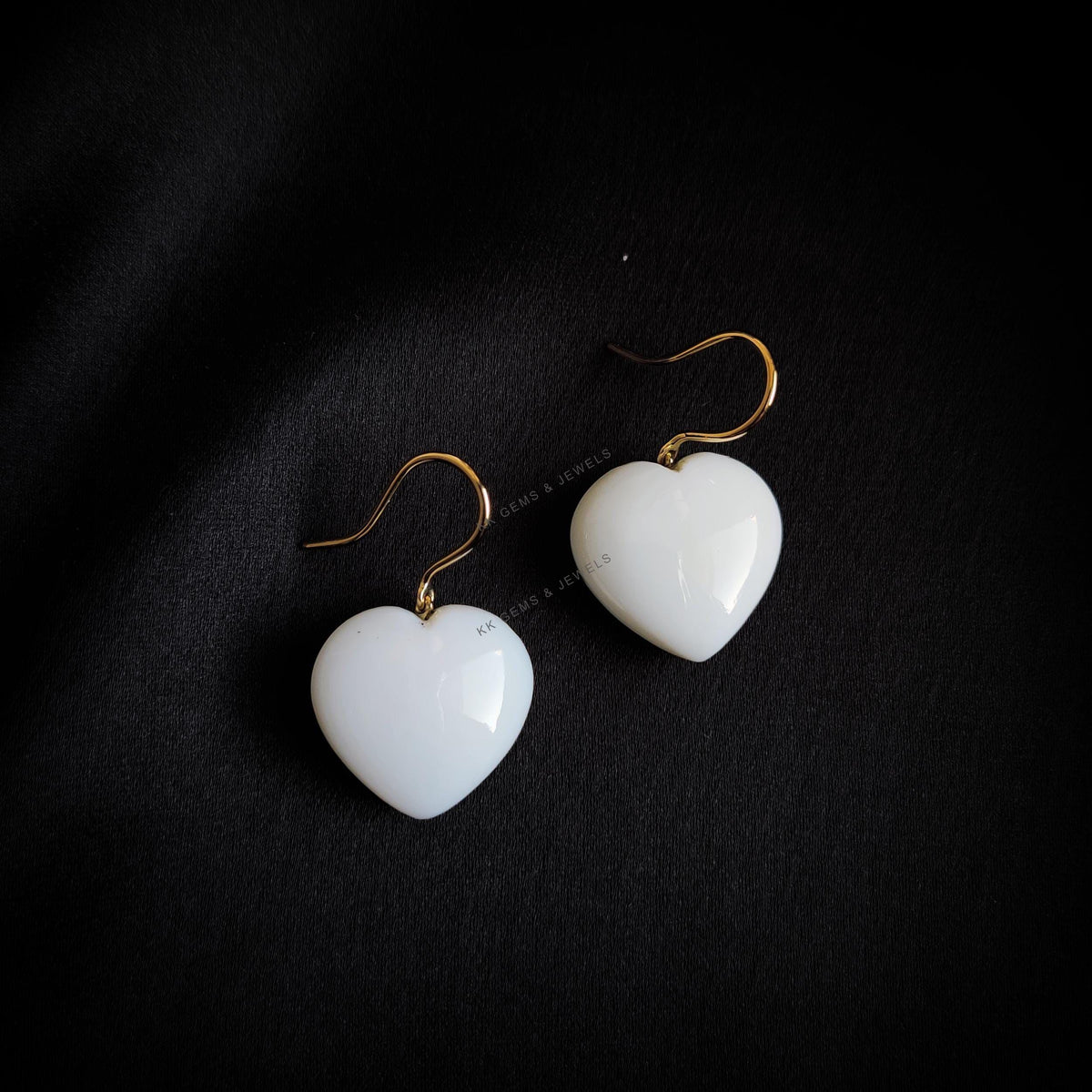 14K Solid Yellow Gold Natural White Opal Heart Drill Earrings, October Birthstone