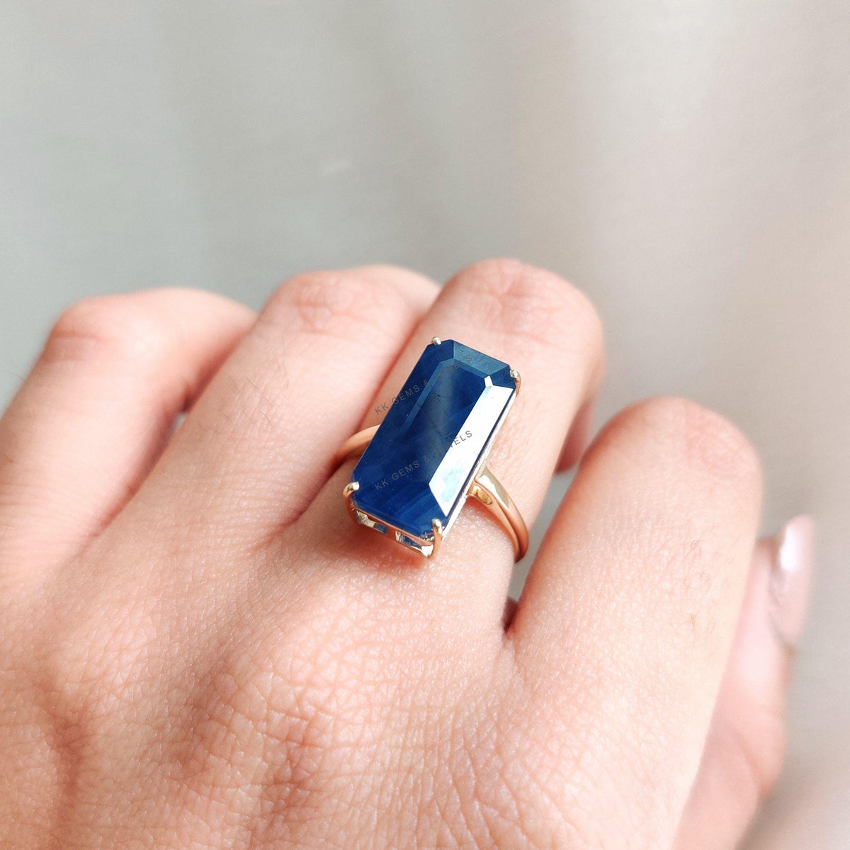 Emerald Cut Natural Blue Sapphire Ring, 14K Solid Yellow Gold September Birthstone