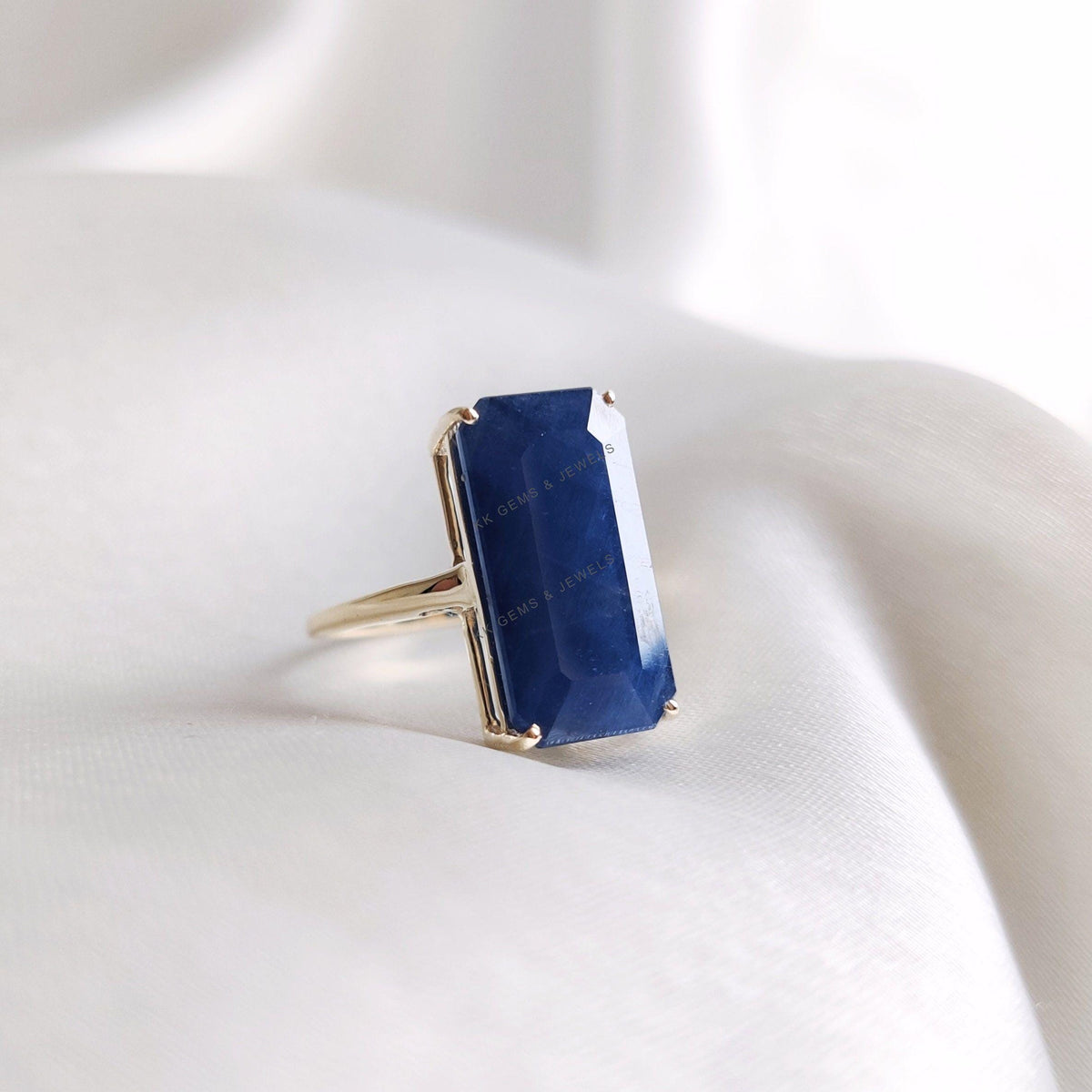 Emerald Cut Natural Blue Sapphire Ring, 14K Solid Yellow Gold September Birthstone