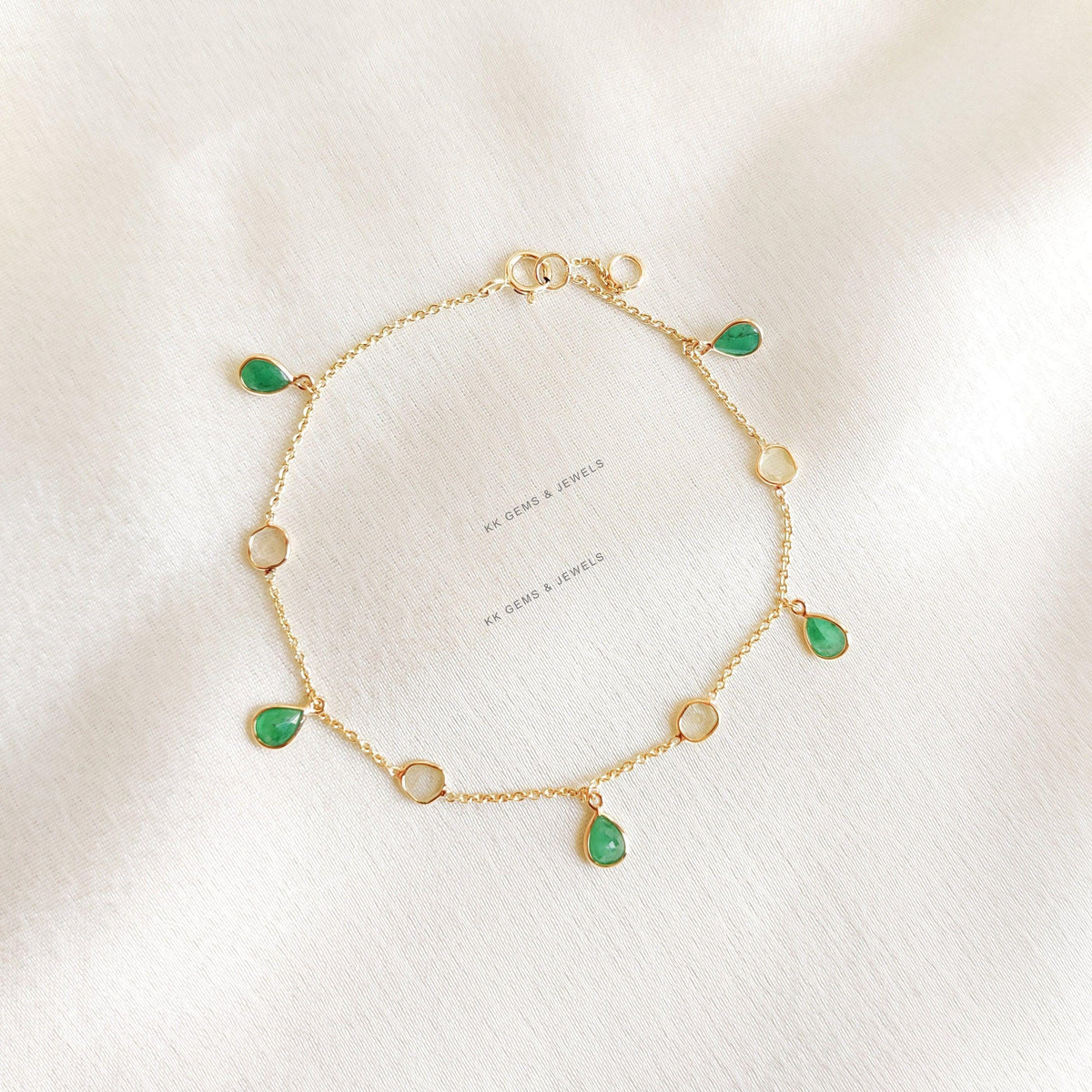Natural Emerald & Diamond Polki Bracelet, 14K Solid Yellow Gold, May Birthstone