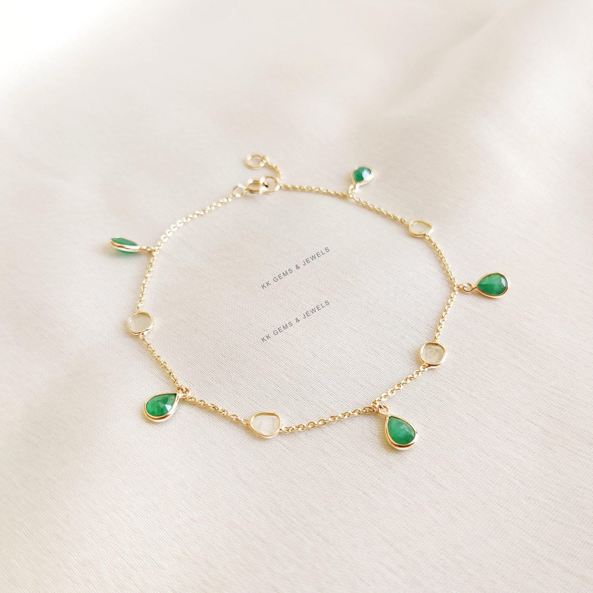 Natural Emerald & Diamond Polki Bracelet, 14K Solid Yellow Gold, May Birthstone