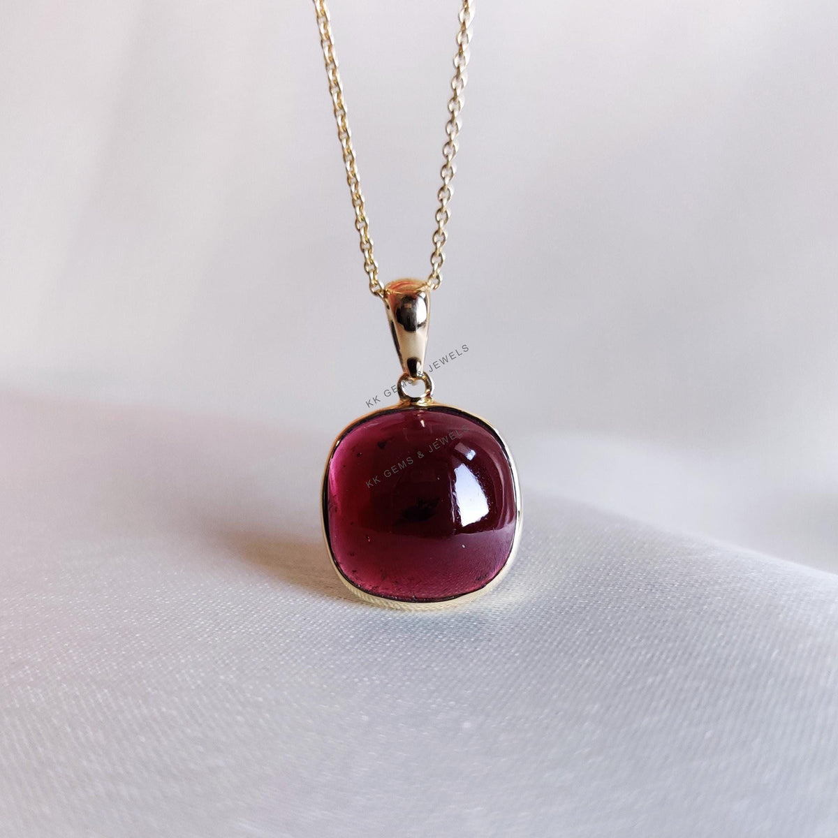 Natural Garnet Pendant: 14K Solid Yellow Gold Bezel Pendant, January Birthstone
