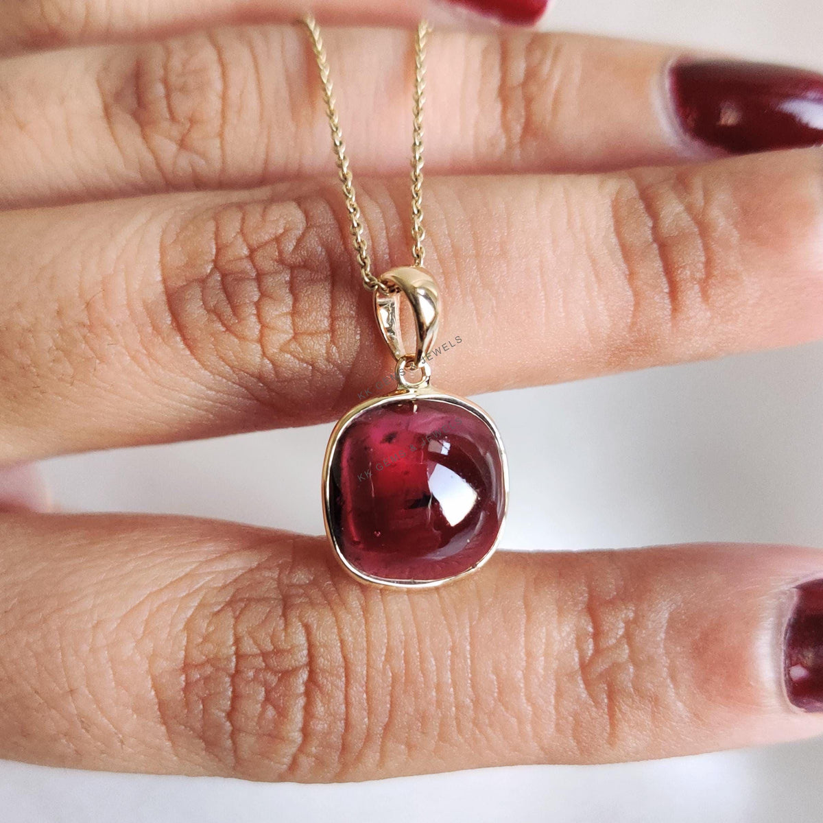 Natural Garnet Pendant: 14K Solid Yellow Gold Bezel Pendant, January Birthstone